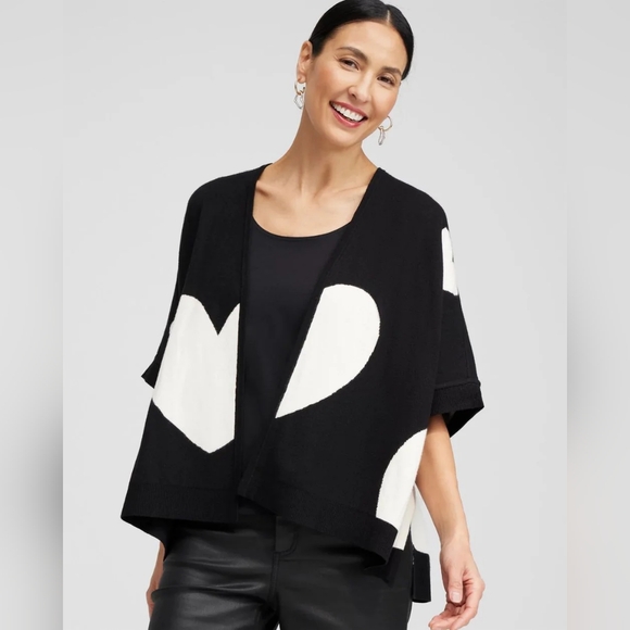 Chico's Black White Heart Cashmere Blend Reversible Ruana - Picture 1 of 12